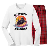 Just Waiting For Halloween Funny Skeleton Women's Long Sleeve Flannel Pajama Set 