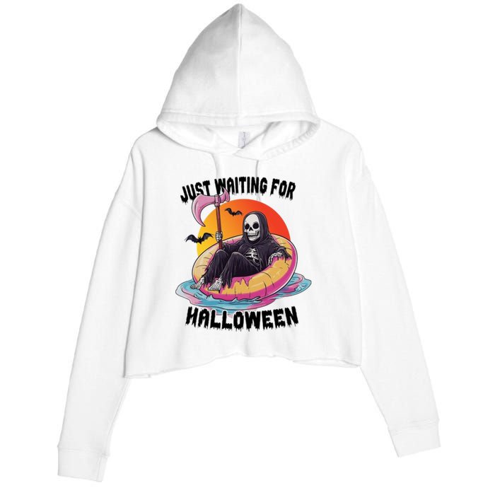 Just Waiting For Halloween Funny Skeleton Crop Fleece Hoodie