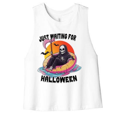 Just Waiting For Halloween Funny Skeleton Women's Racerback Cropped Tank