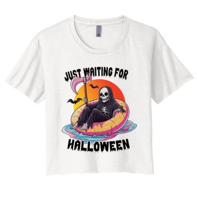 Just Waiting For Halloween Funny Skeleton Women's Crop Top Tee