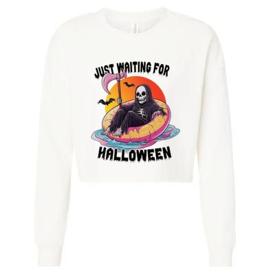 Just Waiting For Halloween Funny Skeleton Cropped Pullover Crew