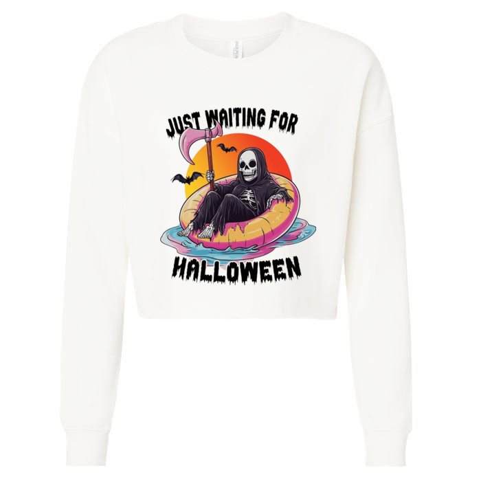 Just Waiting For Halloween Funny Skeleton Cropped Pullover Crew