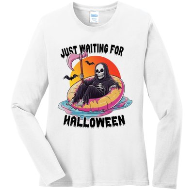 Just Waiting For Halloween Funny Skeleton Ladies Long Sleeve Shirt