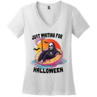 Just Waiting For Halloween Funny Skeleton Women's V-Neck T-Shirt