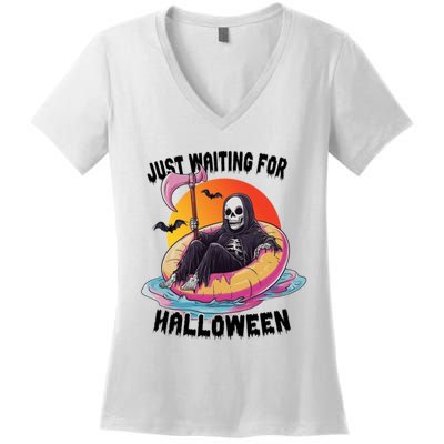 Just Waiting For Halloween Funny Skeleton Women's V-Neck T-Shirt