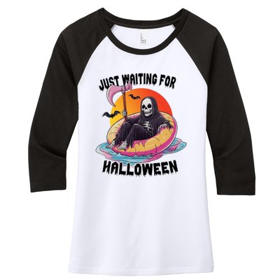 Just Waiting For Halloween Funny Skeleton Women's Tri-Blend 3/4-Sleeve Raglan Shirt