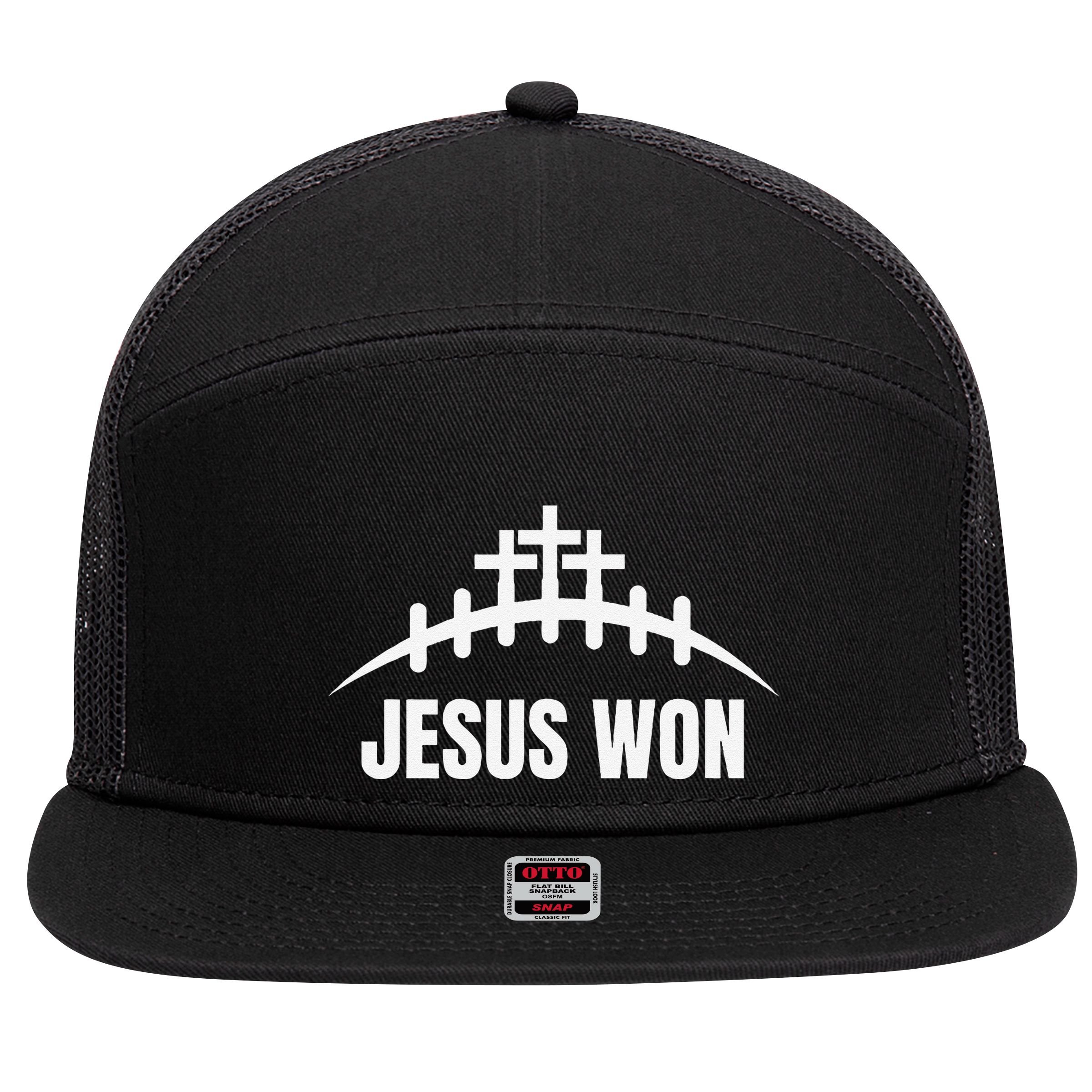 Jesus Won Football Crosses Salvation Testimony Christian 7 Panel Mesh Trucker Snapback Hat