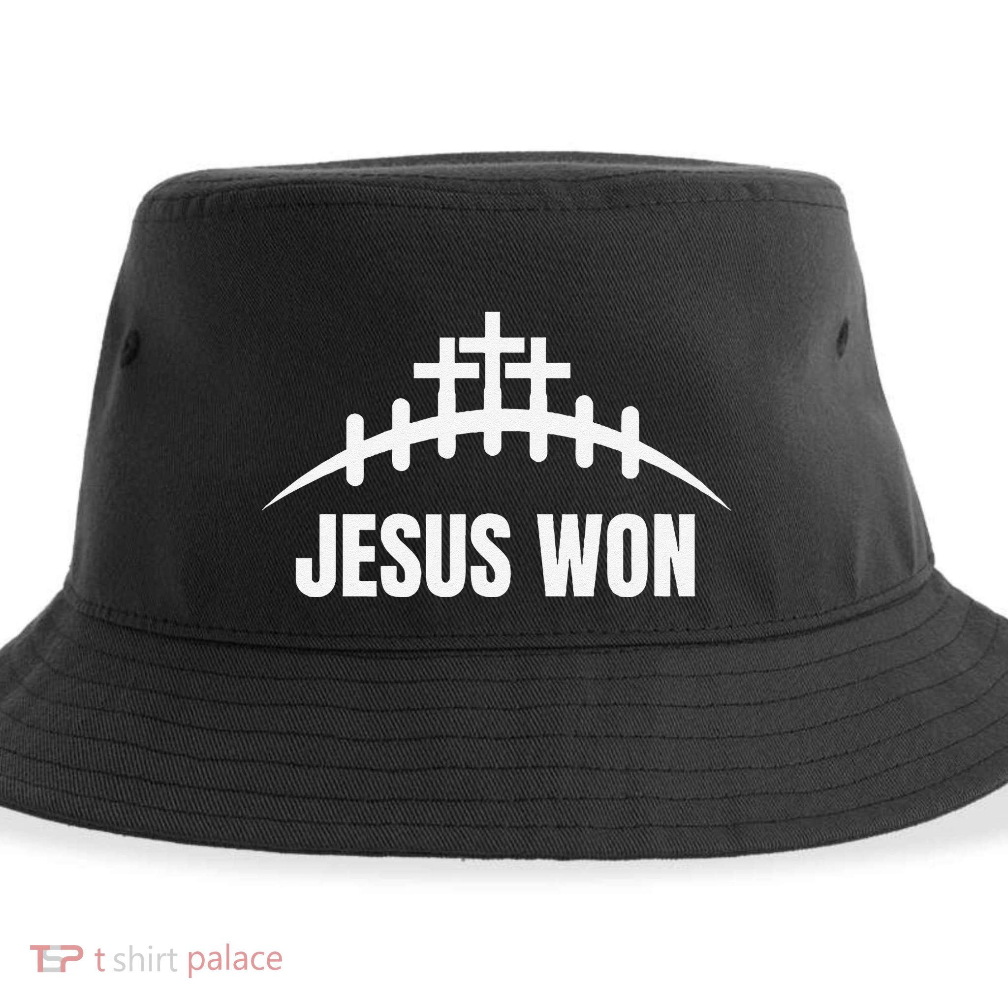 Jesus Won Football Crosses Salvation Testimony Christian Sustainable Bucket Hat