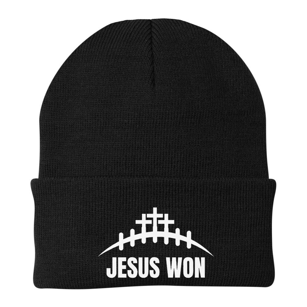 Jesus Won Football Crosses Salvation Testimony Christian Beanie
