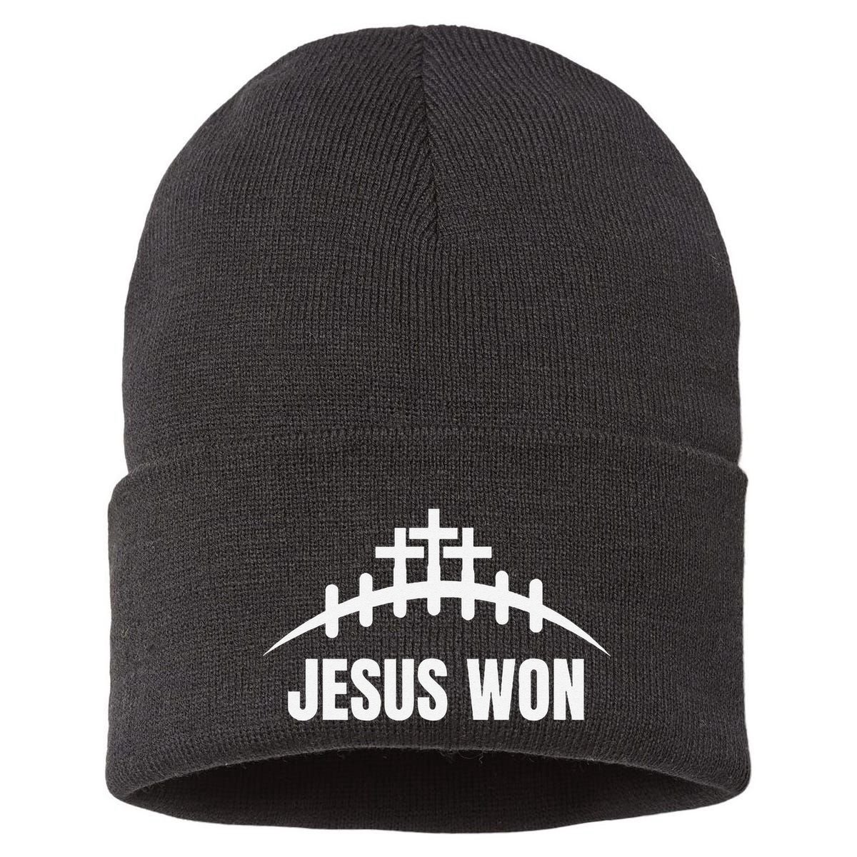 Jesus Won Football Crosses Salvation Testimony Christian Sustainable Knit Beanie