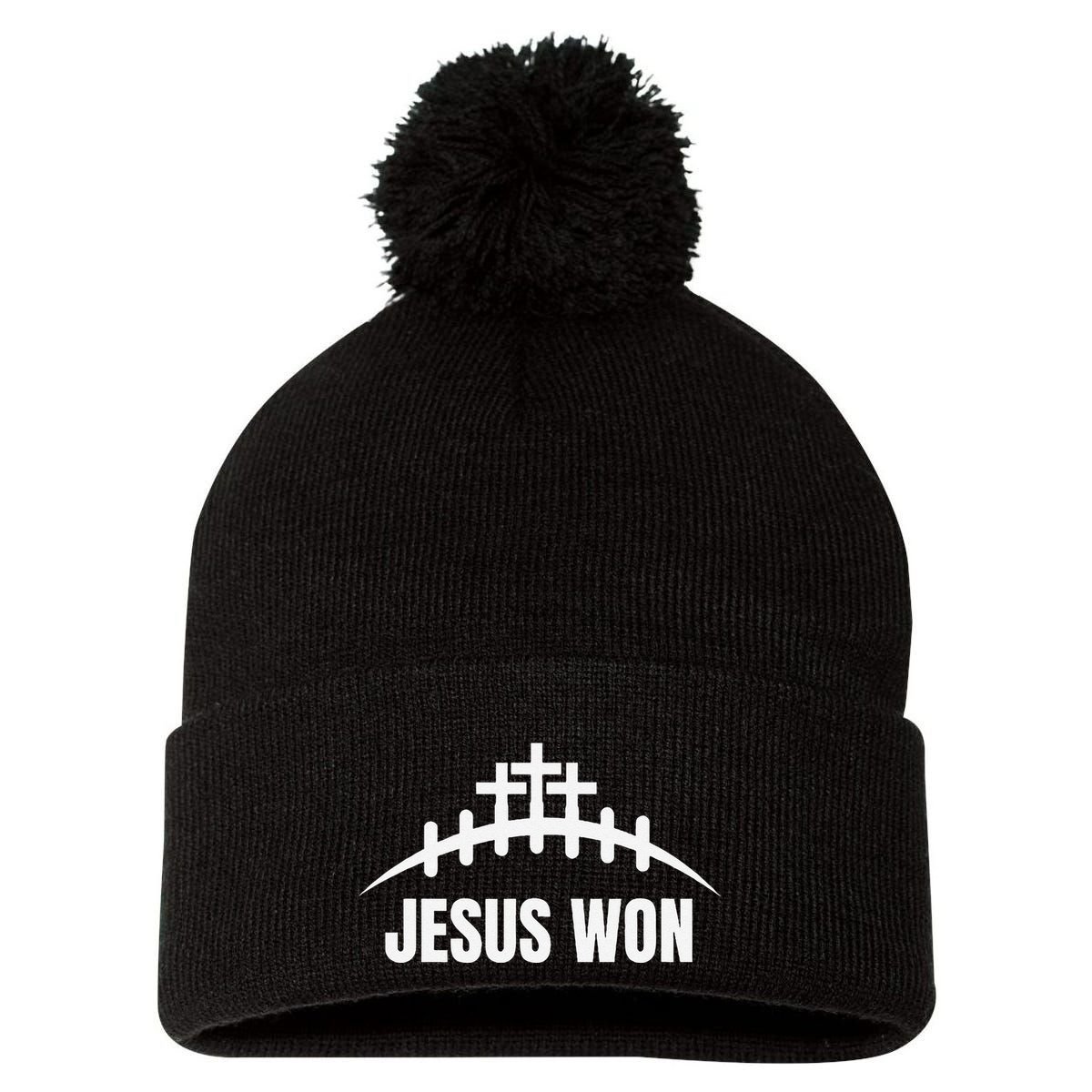 Jesus Won Football Crosses Salvation Testimony Christian Pom Pom 12in Knit Beanie