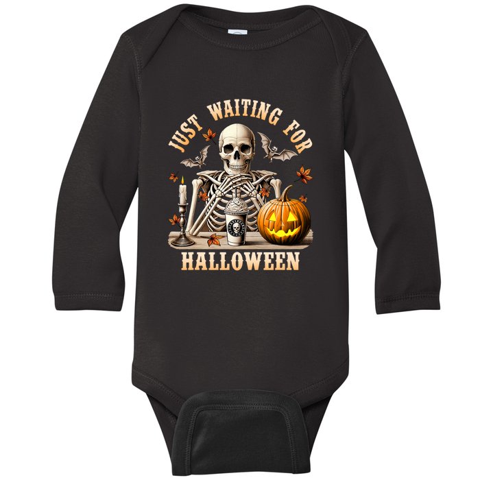 Just Waiting For Halloween Skeleton Coffee Spooky Season Baby Long Sleeve Bodysuit