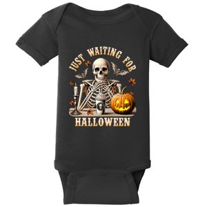 Just Waiting For Halloween Skeleton Coffee Spooky Season Baby Bodysuit