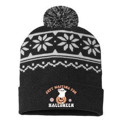 Just Waiting For Halloween Pumpkkin Cute Ghost Gift USA-Made Snowflake Beanie