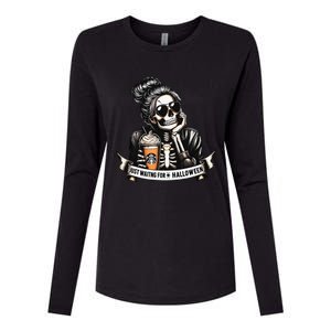 Just Waiting For Halloween Spooky Season Skeleton Coffee Womens Cotton Relaxed Long Sleeve T-Shirt