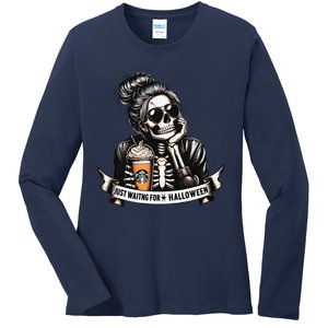 Just Waiting For Halloween Spooky Season Skeleton Coffee Ladies Long Sleeve Shirt