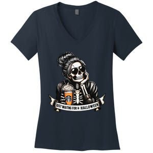 Just Waiting For Halloween Spooky Season Skeleton Coffee Women's V-Neck T-Shirt