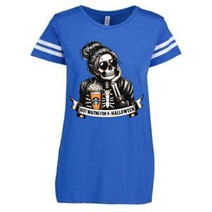 Just Waiting For Halloween Spooky Season Skeleton Coffee Enza Ladies Jersey Football T-Shirt