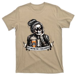 Just Waiting For Halloween Spooky Season Skeleton Coffee T-Shirt