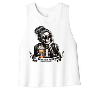 Just Waiting For Halloween Spooky Season Skeleton Coffee Women's Racerback Cropped Tank