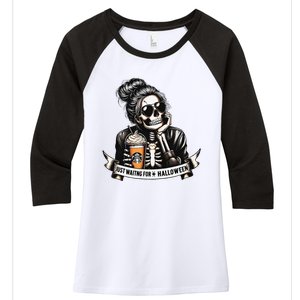 Just Waiting For Halloween Spooky Season Skeleton Coffee Women's Tri-Blend 3/4-Sleeve Raglan Shirt