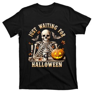 Just Waiting For Halloween Skeleton Coffee Spooky Season T-Shirt