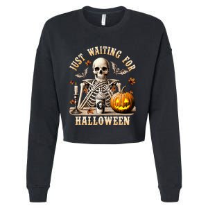 Just Waiting For Halloween Skeleton Coffee Spooky Season Cropped Pullover Crew