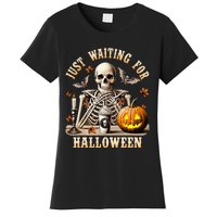 Just Waiting For Halloween Skeleton Coffee Spooky Season Women's T-Shirt