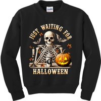 Just Waiting For Halloween Skeleton Coffee Spooky Season Kids Sweatshirt