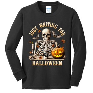 Just Waiting For Halloween Skeleton Coffee Spooky Season Kids Long Sleeve Shirt