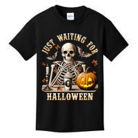 Just Waiting For Halloween Skeleton Coffee Spooky Season Kids T-Shirt