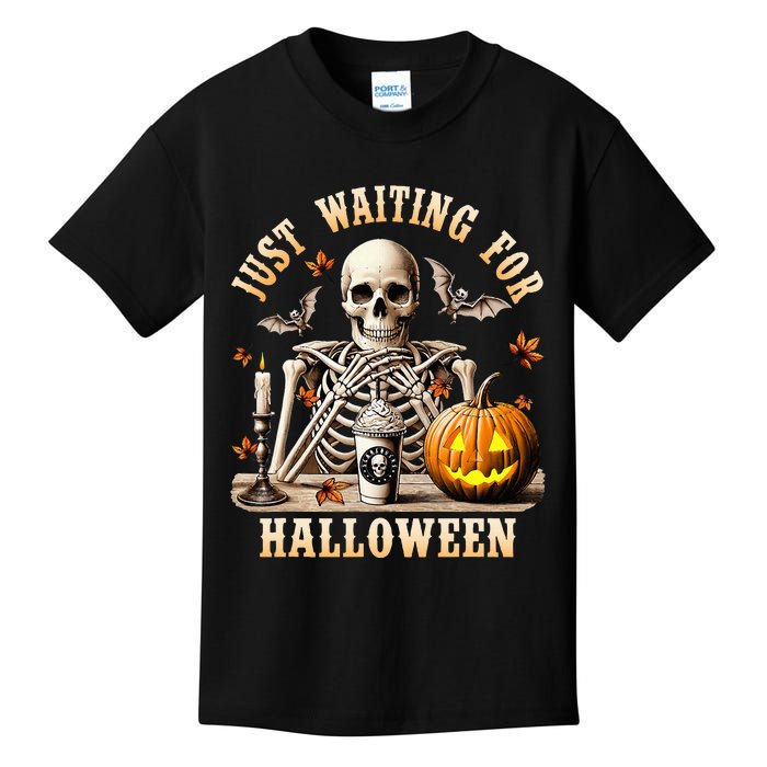 Just Waiting For Halloween Skeleton Coffee Spooky Season Kids T-Shirt