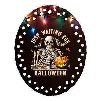 Just Waiting For Halloween Skeleton Coffee Spooky Season Ceramic Oval Ornament