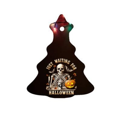 Just Waiting For Halloween Skeleton Coffee Spooky Season Ceramic Tree Ornament