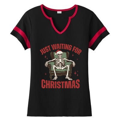 Just Waiting For Christmas Skeleton Holiday Season Xmas Holiday Santa Hat Ladies Halftime Notch Neck Tee