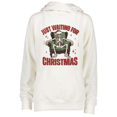 Just Waiting For Christmas Skeleton Holiday Season Xmas Holiday Santa Hat Womens Funnel Neck Pullover Hood