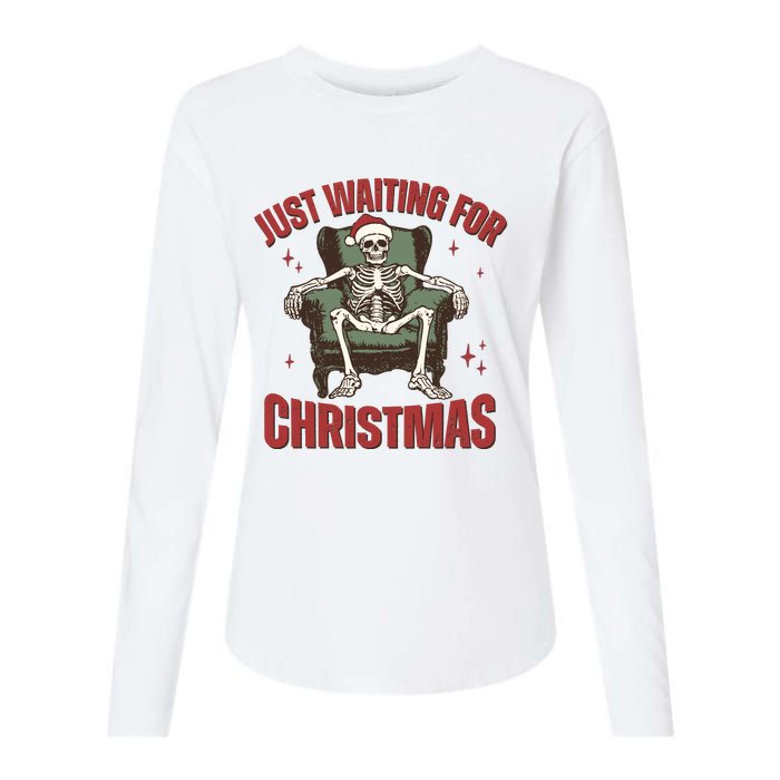 Just Waiting For Christmas Skeleton Holiday Season Xmas Holiday Santa Hat Womens Cotton Relaxed Long Sleeve T-Shirt