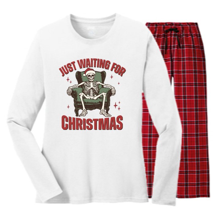 Just Waiting For Christmas Skeleton Holiday Season Xmas Holiday Santa Hat Women's Long Sleeve Flannel Pajama Set 