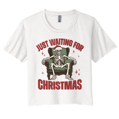 Just Waiting For Christmas Skeleton Holiday Season Xmas Holiday Santa Hat Women's Crop Top Tee