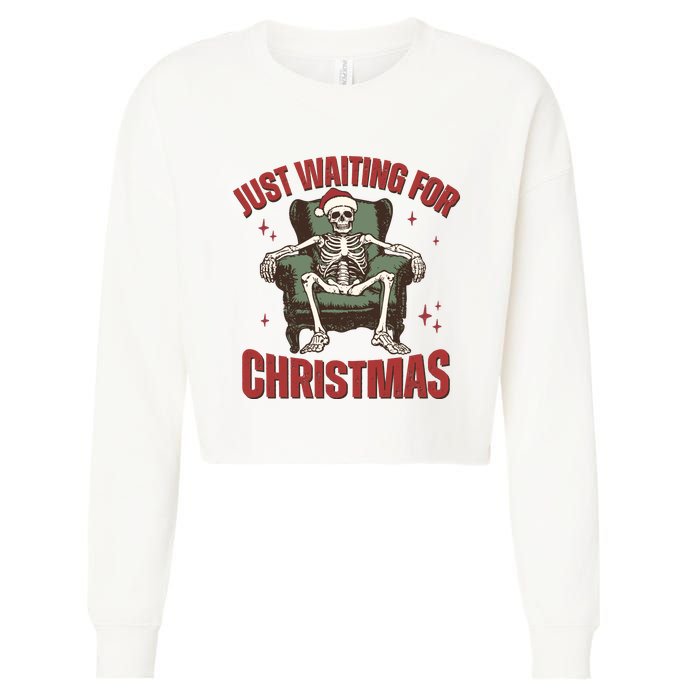 Just Waiting For Christmas Skeleton Holiday Season Xmas Holiday Santa Hat Cropped Pullover Crew