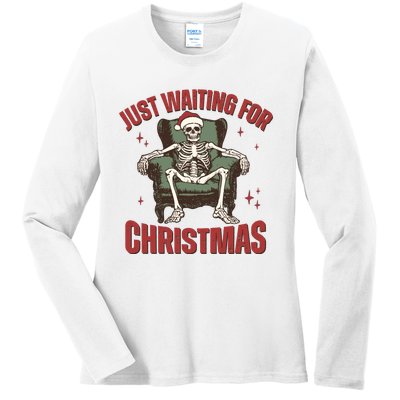 Just Waiting For Christmas Skeleton Holiday Season Xmas Holiday Santa Hat Ladies Long Sleeve Shirt