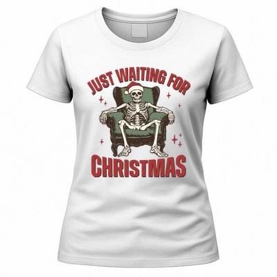 Just Waiting For Christmas Skeleton Holiday Season Xmas Holiday Santa Hat Women's T-Shirt