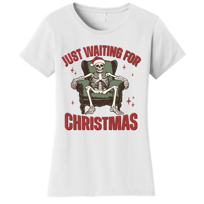 Just Waiting For Christmas Skeleton Holiday Season Xmas Holiday Santa Hat Women's T-Shirt