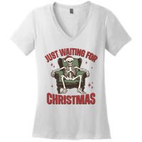 Just Waiting For Christmas Skeleton Holiday Season Xmas Holiday Santa Hat Women's V-Neck T-Shirt