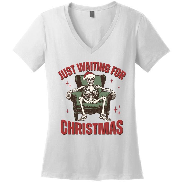 Just Waiting For Christmas Skeleton Holiday Season Xmas Holiday Santa Hat Women's V-Neck T-Shirt