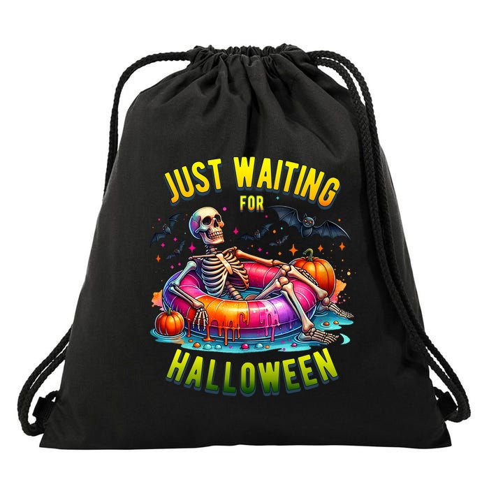 Just Waiting For Halloween Spooky Skeleton Summer Funny Drawstring Bag