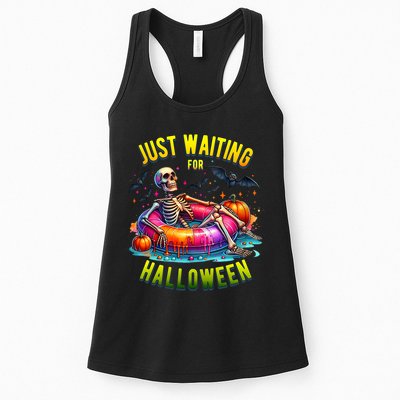 Just Waiting For Halloween Spooky Skeleton Summer Funny Womens Tank Top