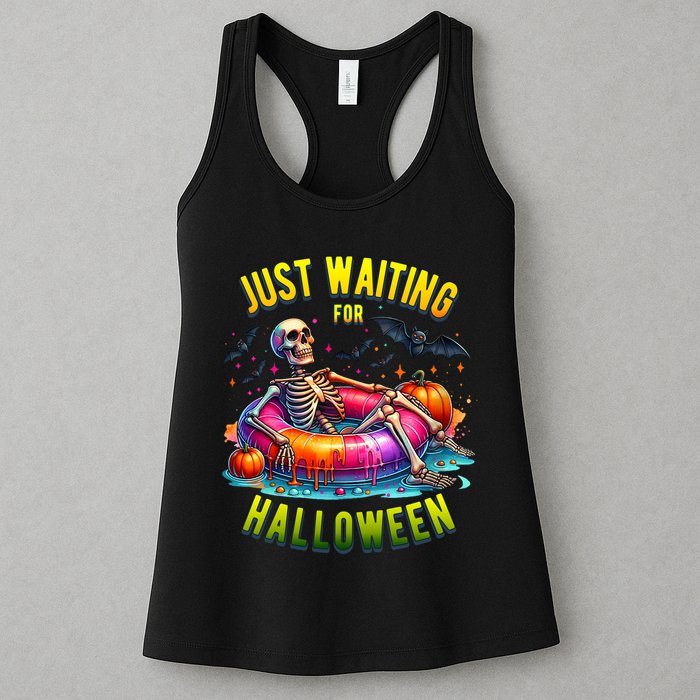 Just Waiting For Halloween Spooky Skeleton Summer Funny Womens Tank Top