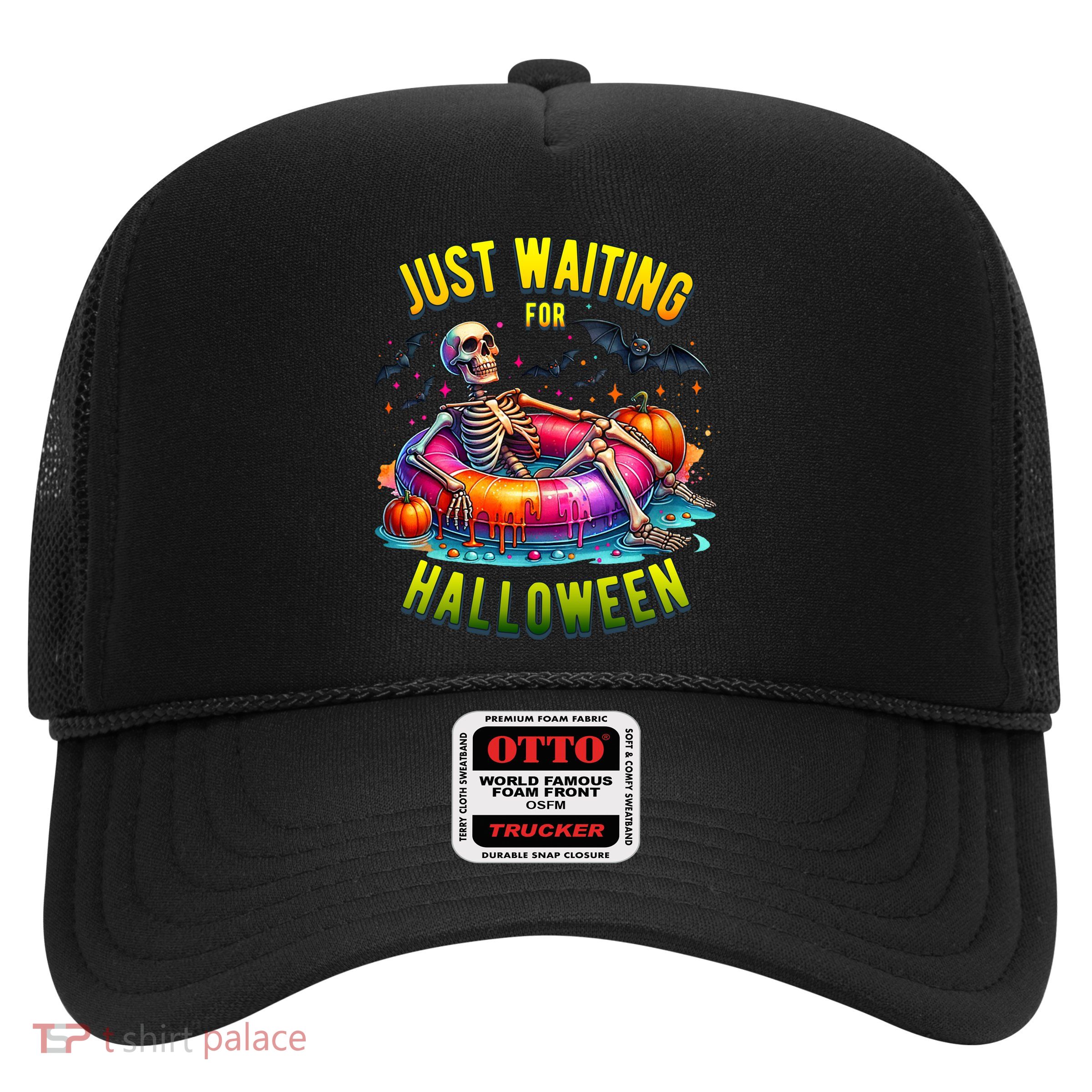 Just Waiting For Halloween Spooky Skeleton Summer Funny Trucker Hat