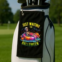 Just Waiting For Halloween Spooky Skeleton Summer Funny Golf Towel